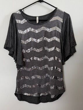 Celeste Charcoal Sequin Chevron Flutter Sleeve Top